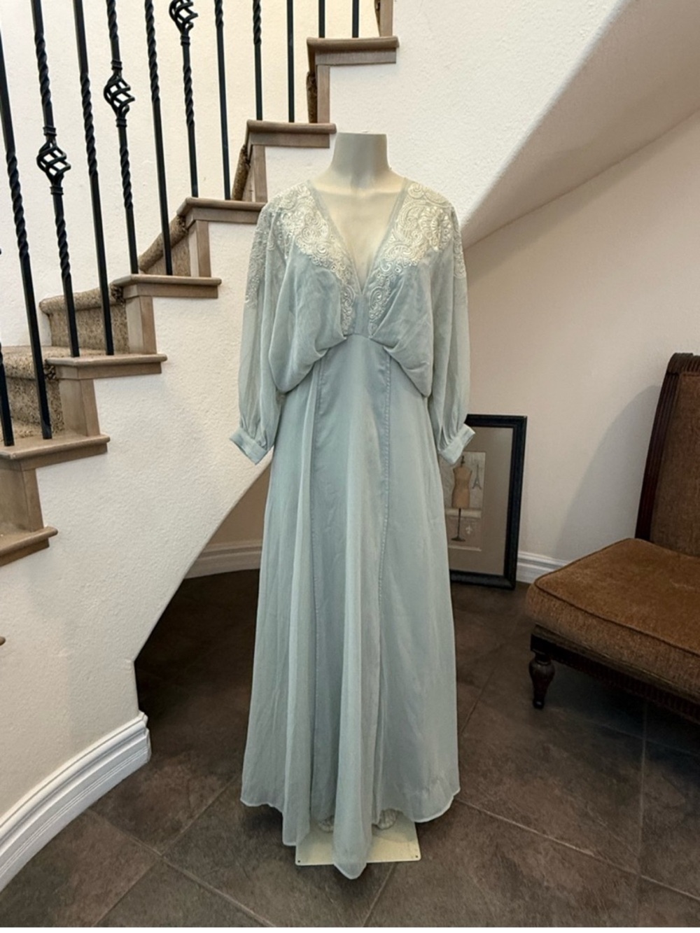 ASOS Light Sage Long Sleeve Lace-Trim Maxi Dress